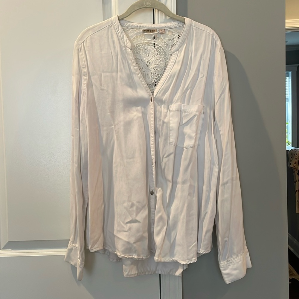 White Button Up Denim-like Shirt with Lace Back